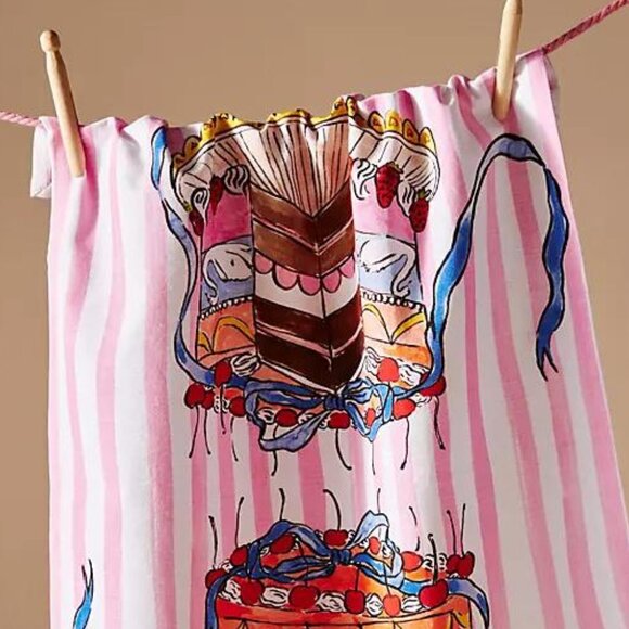 Anthropologie Happy Everything Birthday Cake Pink Stripe Coquette Dish Towel NWT - Picture 2 of 5